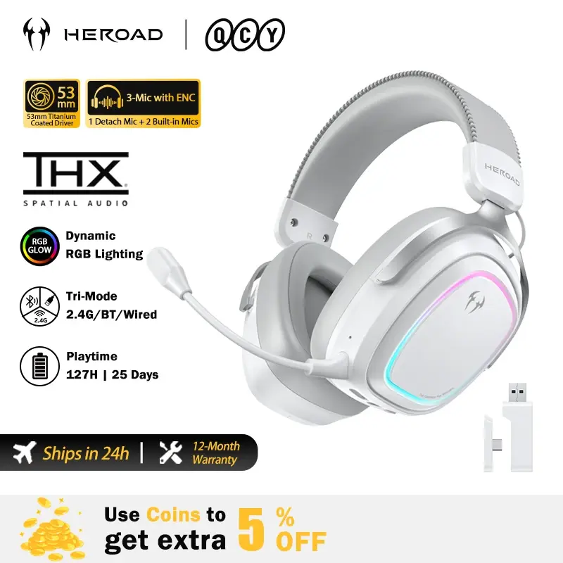 Fone QCY Headset Gamer Heroad GT2 THX Spatial Audio+ 7.1.4 RGB Tri-Mode 3 Microfones com ENC para PC PS4 PS5 - 1