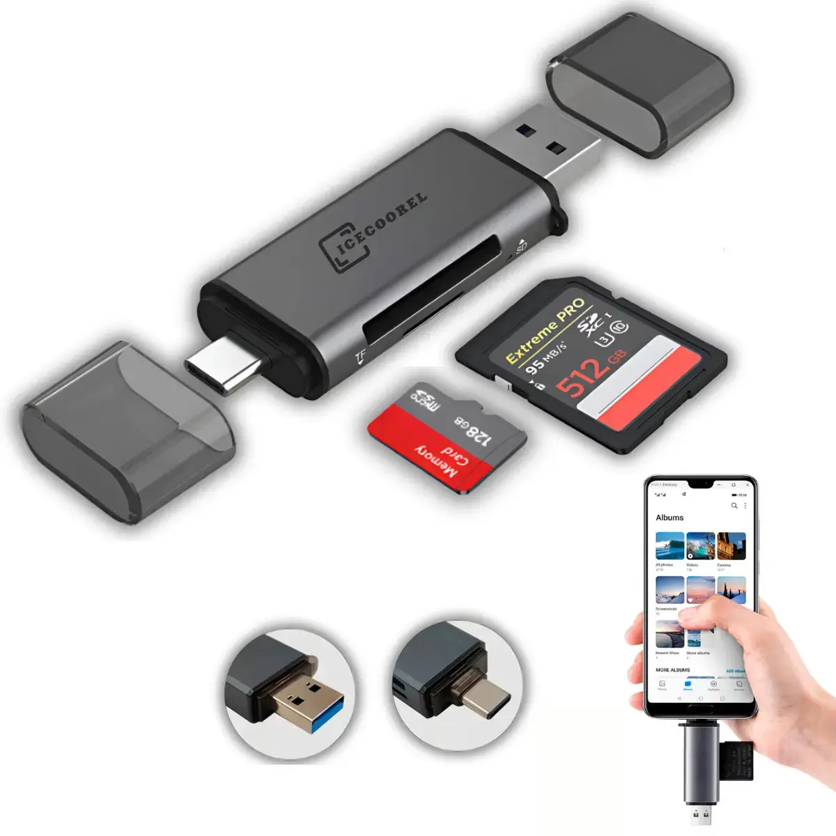 Leitor De Cartão De Memória Sd E Micro Sd Para Usb-c E Usb-a Adaptador Compatível Com iPhone 15 16 17 Android Samsung Notebook Macbook Alta Velocidade Rápida De Fotos Vídeos E Arquivos Ice Coorel - 1
