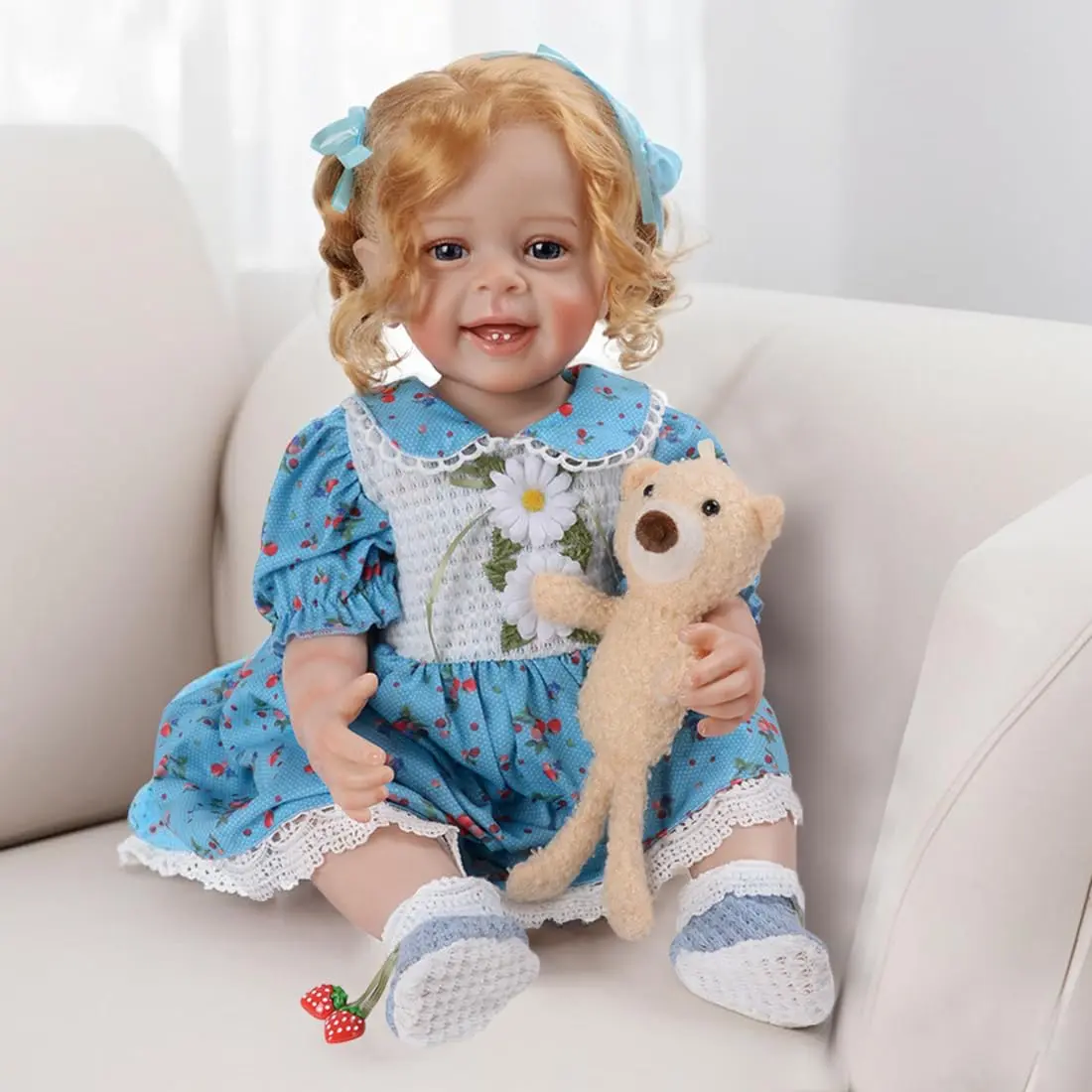 Brastoy Boneca Bebê Reborn Corpo de Silicone Menina Olhos Azuis Realista Pintado Original 55cm (55cm Menina Loira)