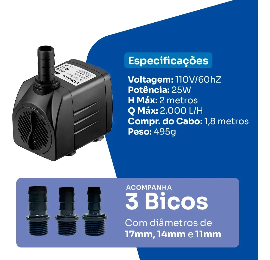 Bomba Submersa 2000l/h 2m Lagos Recalque Fontes Aquários Cascata Chafariz Motor Água Doce Salgada Marinho Fonte Hidroponia Aquaponia thumbnail 2