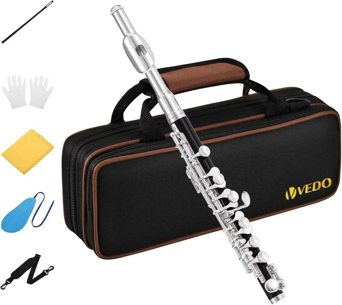 VEDO Flautim Piccolo Niquelado Preto em Dó – Kit Completo para Iniciantes, Crianças e Estudantes com Estojo Rígido, Vareta de Limpeza, Pano e Luvas