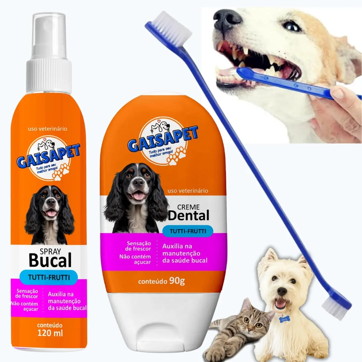 Kit Creme Dental Pet e Spray Bucal Pet Sabor Tutti Frutti Acompanha Escova de Dente Dupla cores sortidas Pasta de dente para Cachorros e Gatos