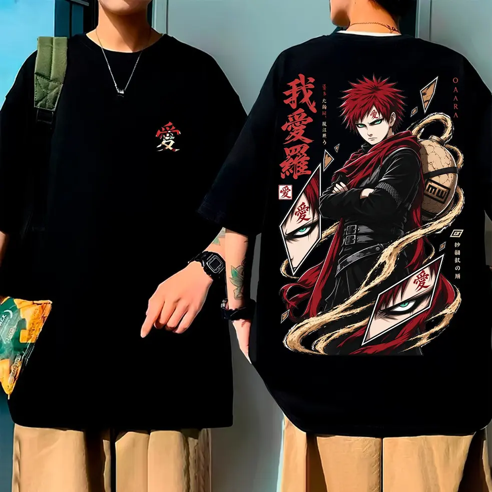 Camiseta Unisex de Alta Qualidade, Design com estampa exclusiva do personagem Gaara do anime Naruto, elementos de caligr - 1
