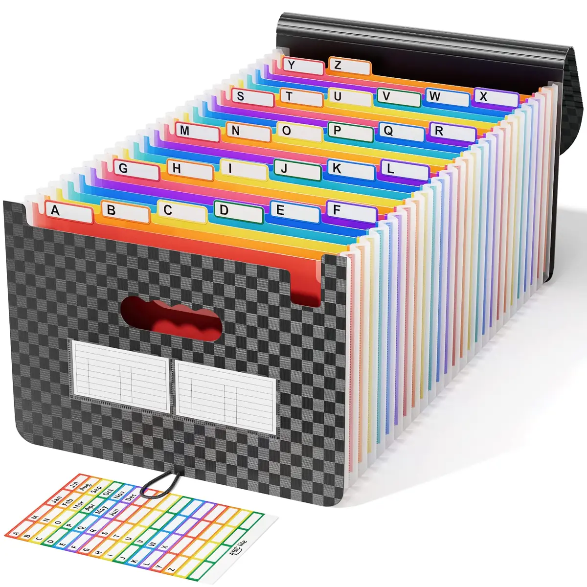 ABC life Organizador de arquivos sanfonados com 26 bolsos, suporte de notas e recibos mensais expansível de alta capacidade com abas coloridas de A-Z, organizador de pastas portátil para escritório em