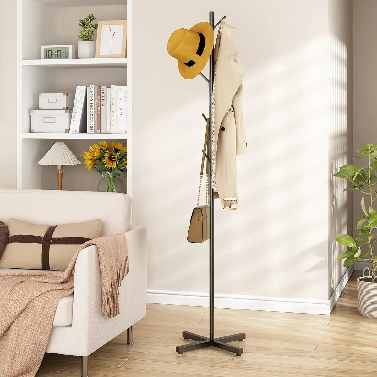Cabideiro de Chão Metal, Suporte Criativo para Cabide Ramo de Árvore, Com 8 Ganchos, Ideal para Hall de Entrada, Escritório e Quarto, Cor Preta