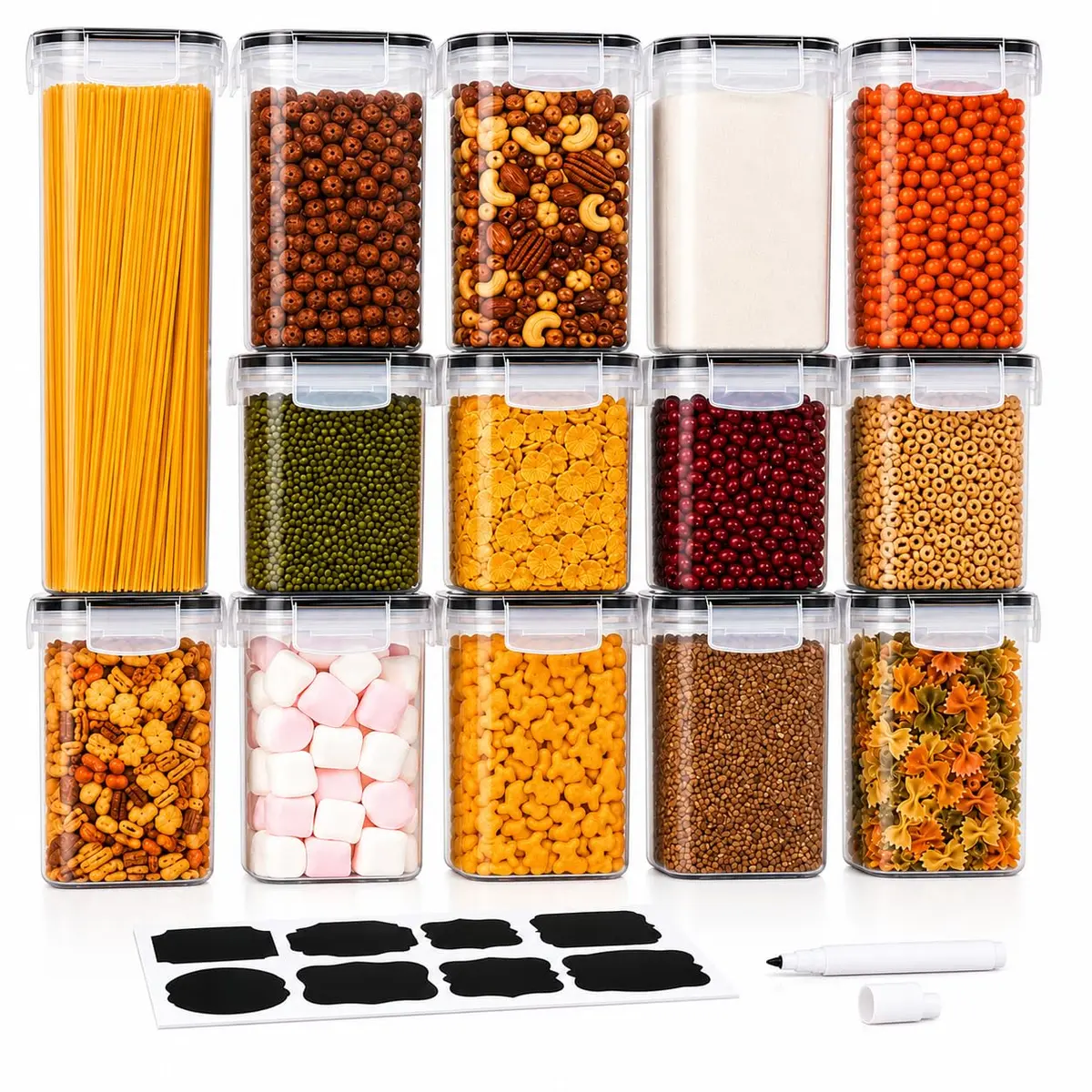 Kit 15 Potes Herméticos para Mantimentos – Potes Organizadores de Cozinha e Despensa, BPA Free, Empilháveis, 4 Tamanhos + Etiquetas e Caneta – Premium