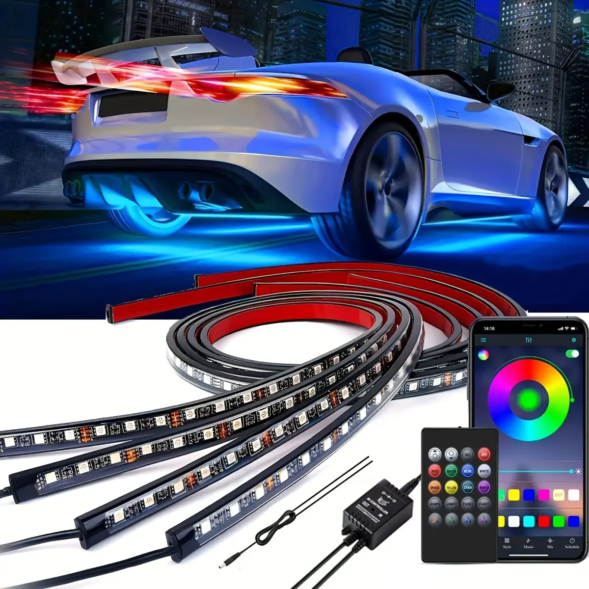 Neon led inferior do carro underglow luzes de tira barra com aplicativo remoto 16 milhões de cores música diy rgb exterior underbody luz 120x150cm