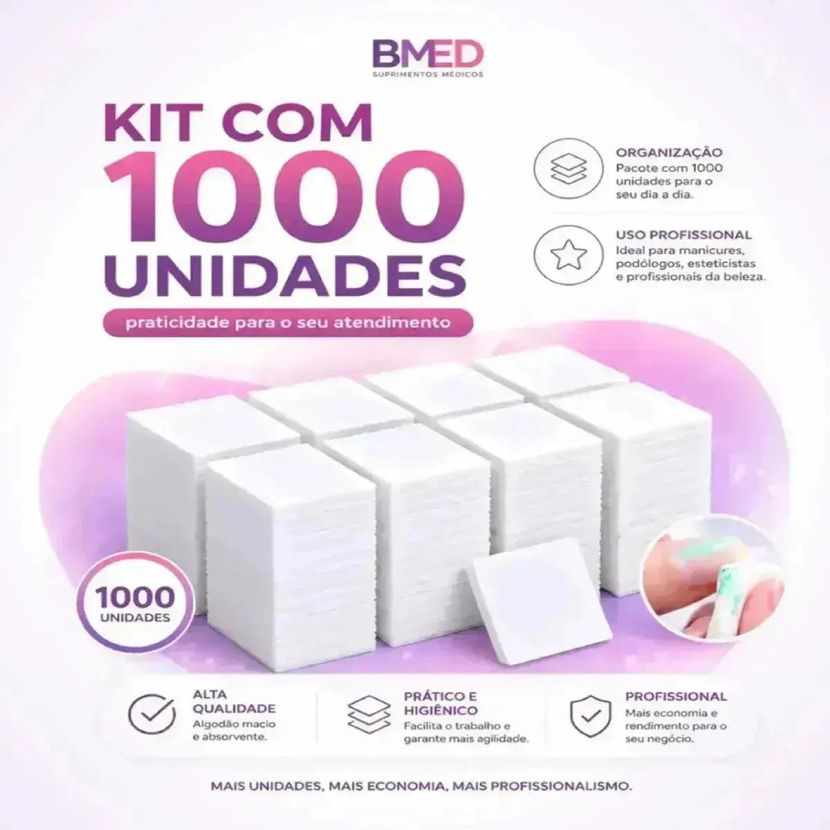 Algodao Prensado Para Limpeza De Unhas 1000un BMED