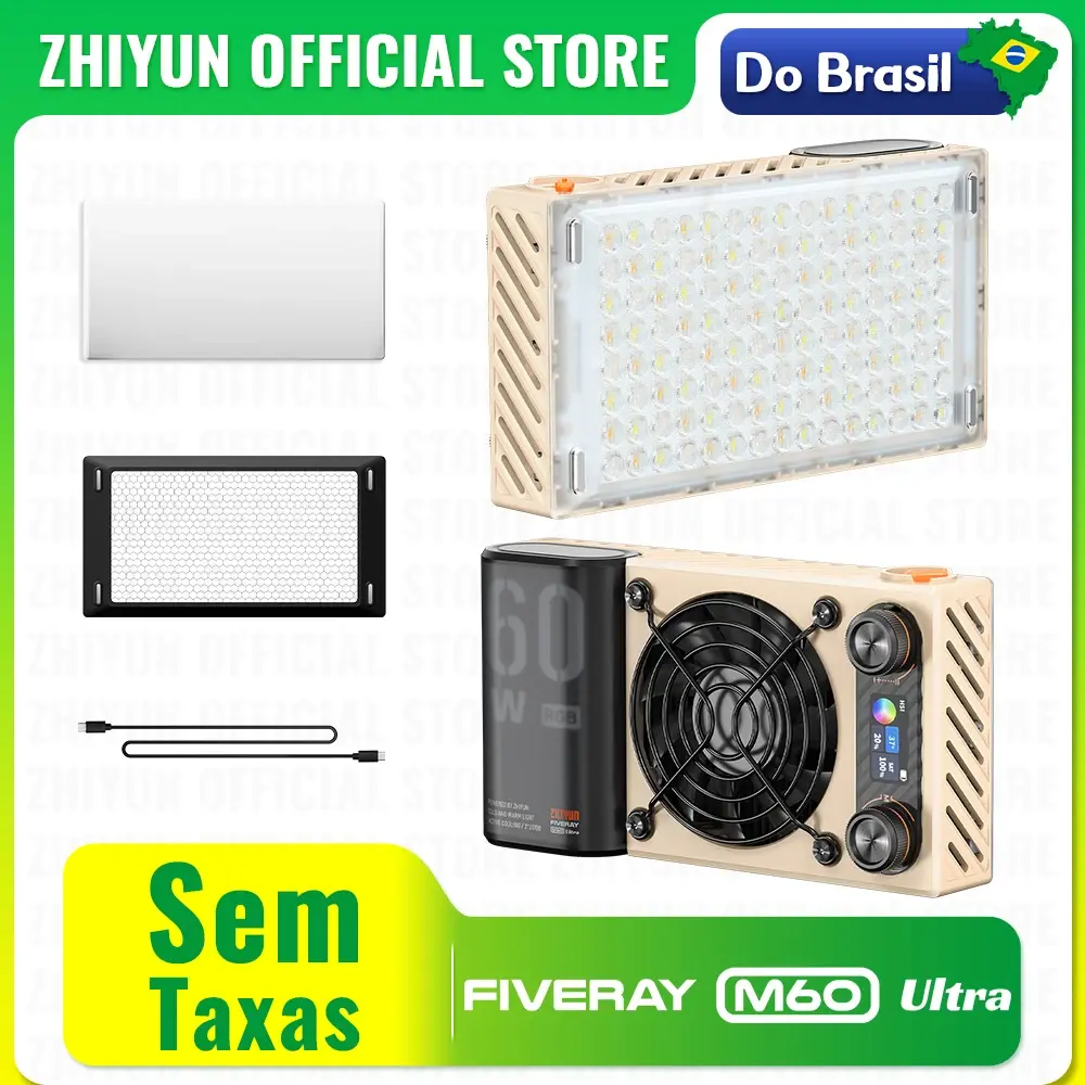 Do brasil sem taxa ZHIYUN FIVERAY M60 Ultra Luz de preenchimento RGB de 60W para vídeo. 2500K~10000K Controle por Aplicativo para Vlogs, YouTube e Transmissões ao Vivo - 1