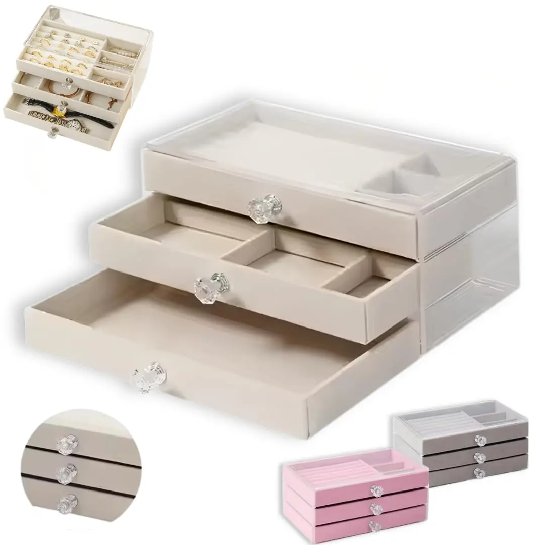 Porta Joias Acrílico 3 Gavetas | Organizador Transparente Para Brincos, Colares, Pulseiras, Anéis e Relógios | Modelo Elegante, Compacto e Multifuncional | Cor Creme