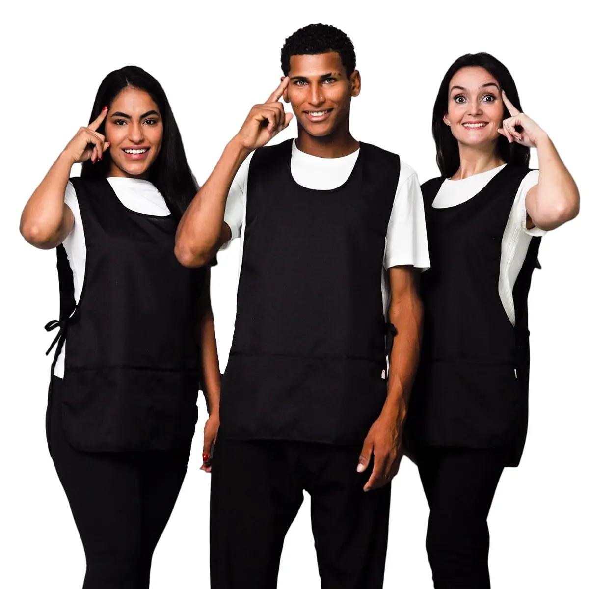 Kit 3 Avental Bata Liso Oxford Com 2 Bolsos LojaLoja Frente e Costa