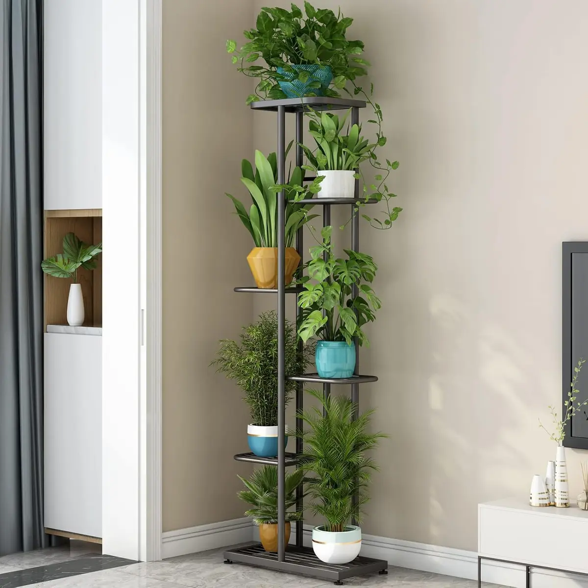 Suporte para plantas em metal com 6 níveis e 7 vasos, prateleira para vários vasos de flores, expositor para vasos, Aplicável a pátio, jardim, canto, varanda, sala de estar