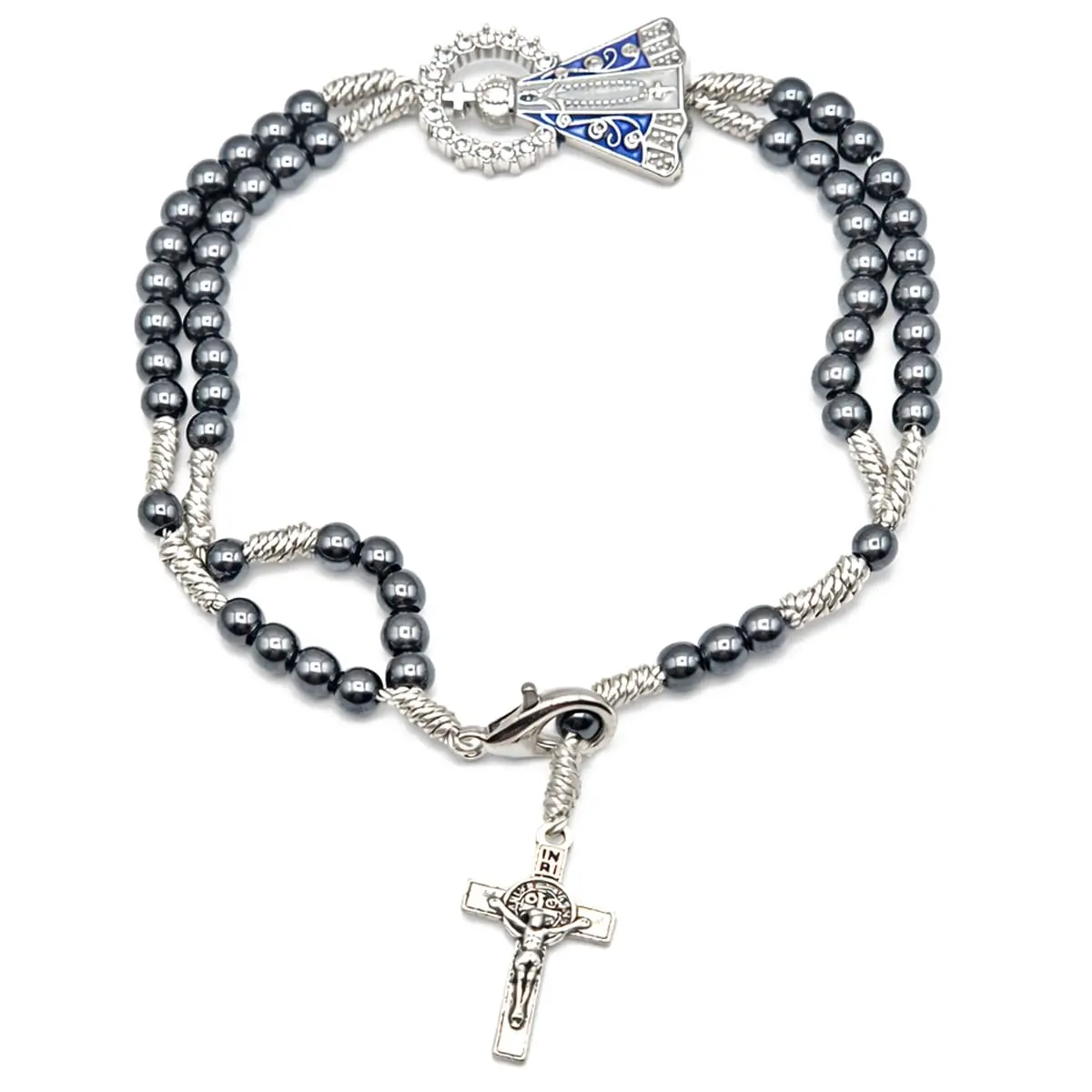 Terço de Pulso Nossa Senhora Aparecida Ajustável Aço Inox 316L 23cm | Hematita e aço inox 316L, ajustável até 18,5 cm de pulso, não escurece e ideal para uso diário ou presente religioso - 1