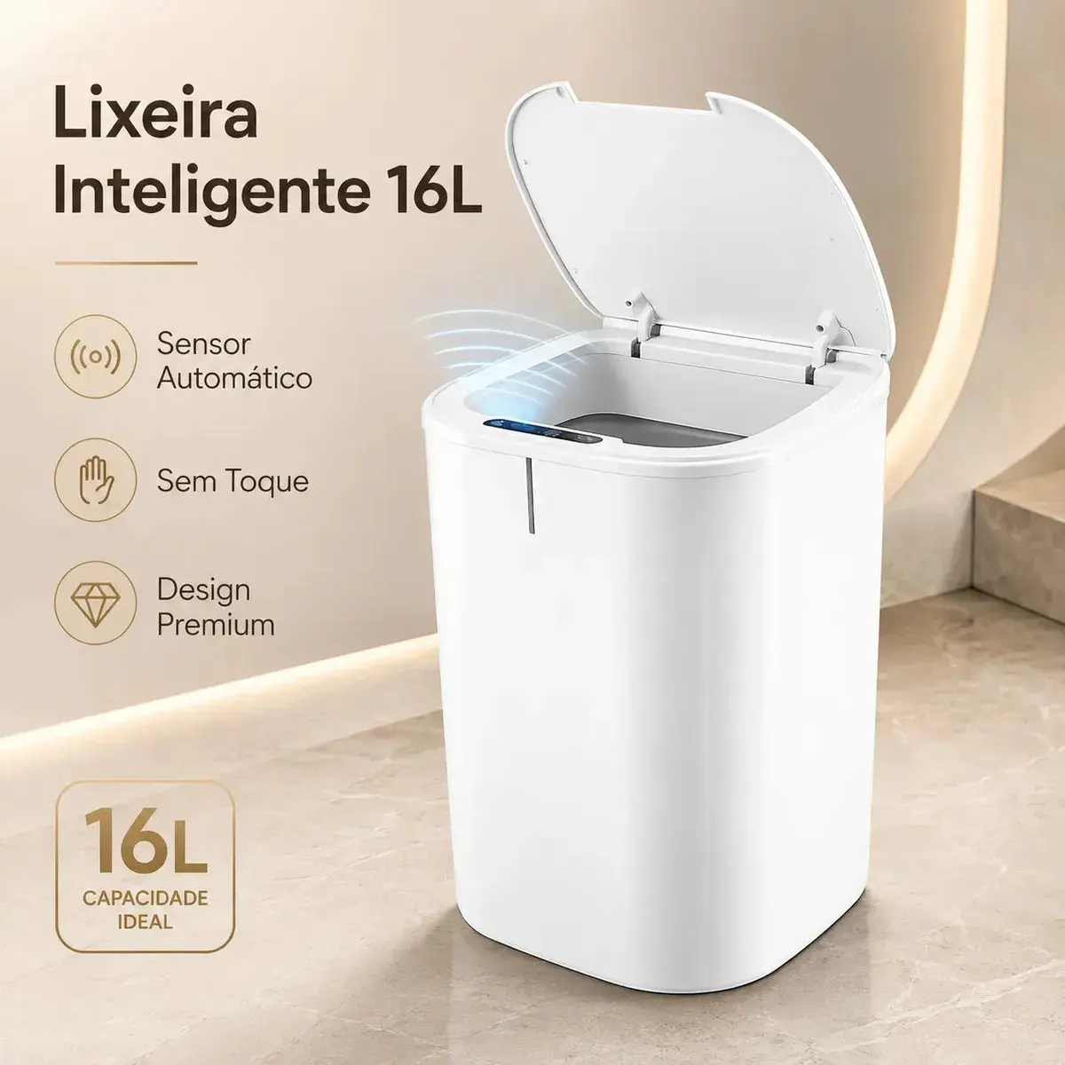 Lixeira Inteligente 16l Com Sensor Automático E Tampa Touch Branco - 1