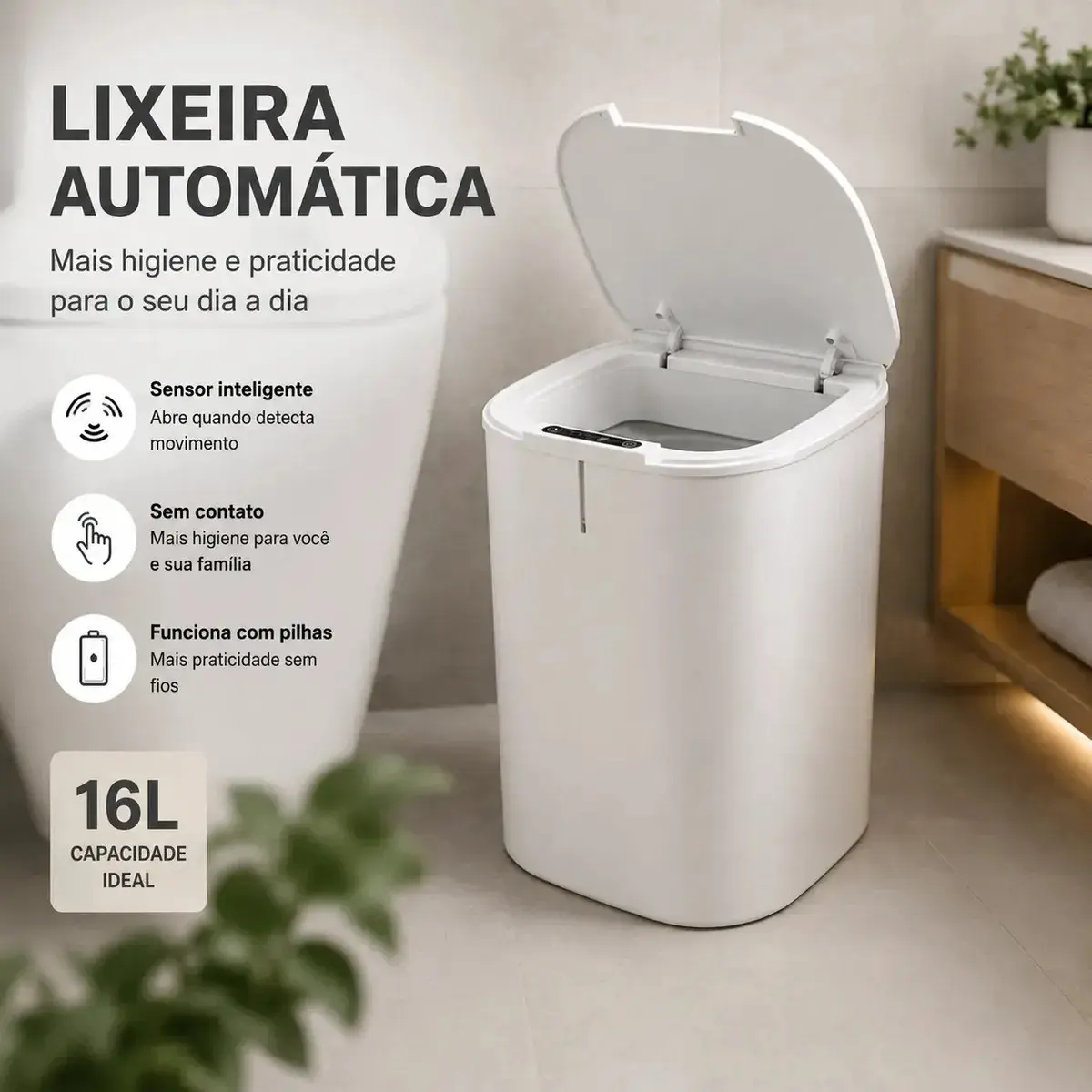 Lixeira Inteligente 16l Com Sensor Automático E Tampa Touch Branco thumbnail 2