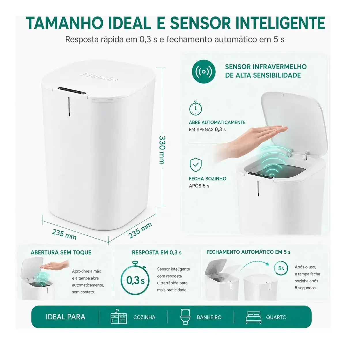 Lixeira Inteligente 16l Com Sensor Automático E Tampa Touch Branco thumbnail 5