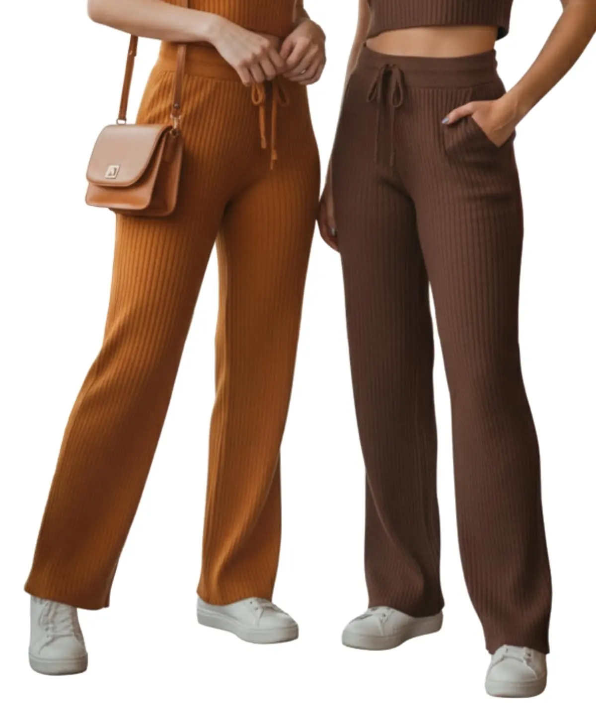 KIT 2 Calças Pantalona Canelada Feminina Wide Leg Cintura Alta Confortável