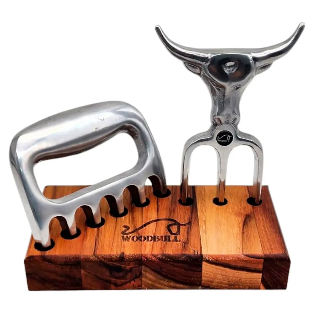 Garfo Tridente e Garra de Urso em Alumínio Premium para Churrasco e Carnes, com Base em Madeira, Ideal para Servir com Estilo e Praticidade, Perfeito para Churrasqueiros e Reuniões – WOODBULL. - 1