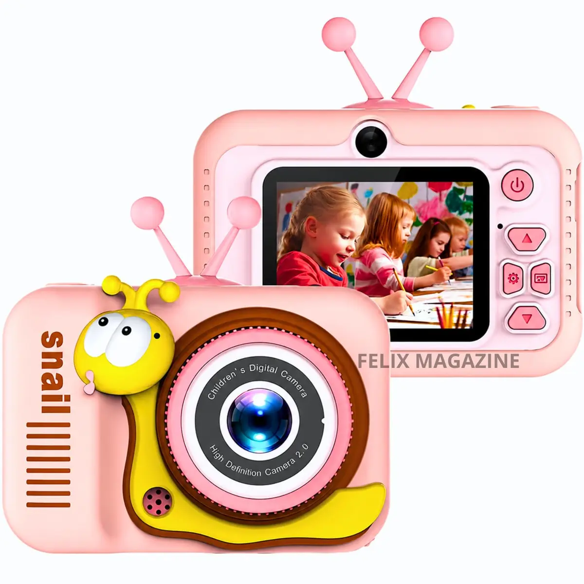 Câmera Fotográfica Digital Infantil Brinquedo que Funciona de Verdade, 12 MP, Tela HD, Vídeo e Fotos, Reproduz Músicas MP3, Capa Anti-Queda, Brinquedo PREMIUM, Felix Magazine (Rosa)
