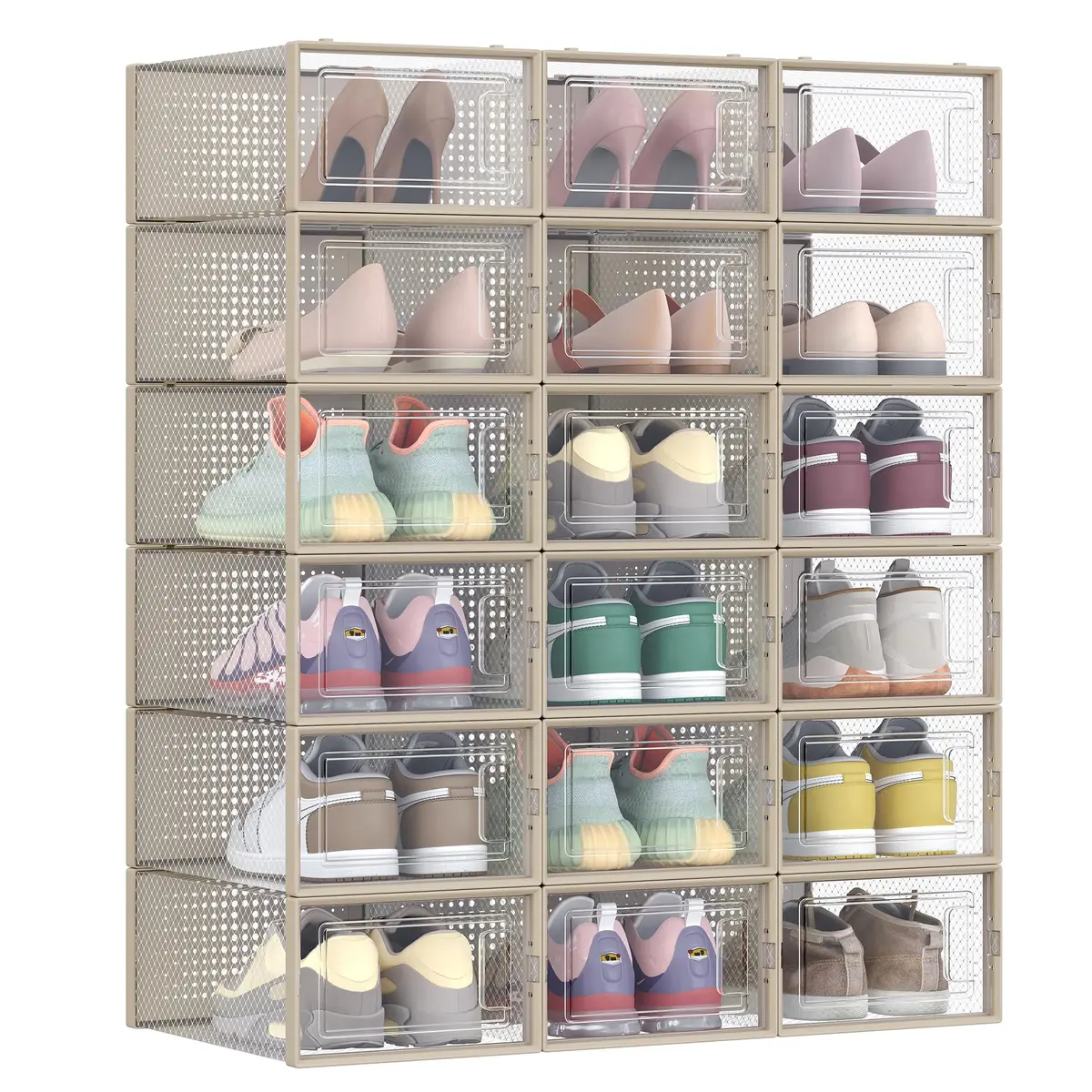 SONGMICS Caixas para Sapatos, Conjunto de 18, Dobráveis e Empilháveis | Organizador de Sapatos em Plástico, para Sapatos até o Tamanho 44, Bege Claro, Coleção DENNYS BRLSP066L18