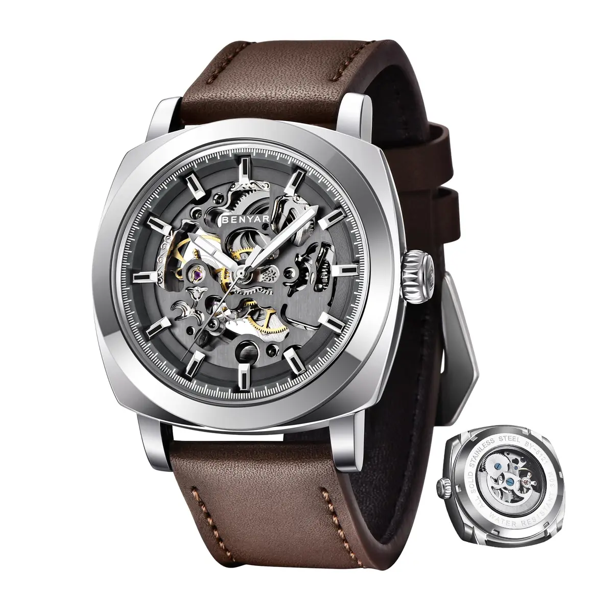 Benyar Relógios masculinos automáticos, pulseira de couro, esqueletizado, mecânico, mostrador de 45 mm, 30 m à prova d'água, presente elegante masculino