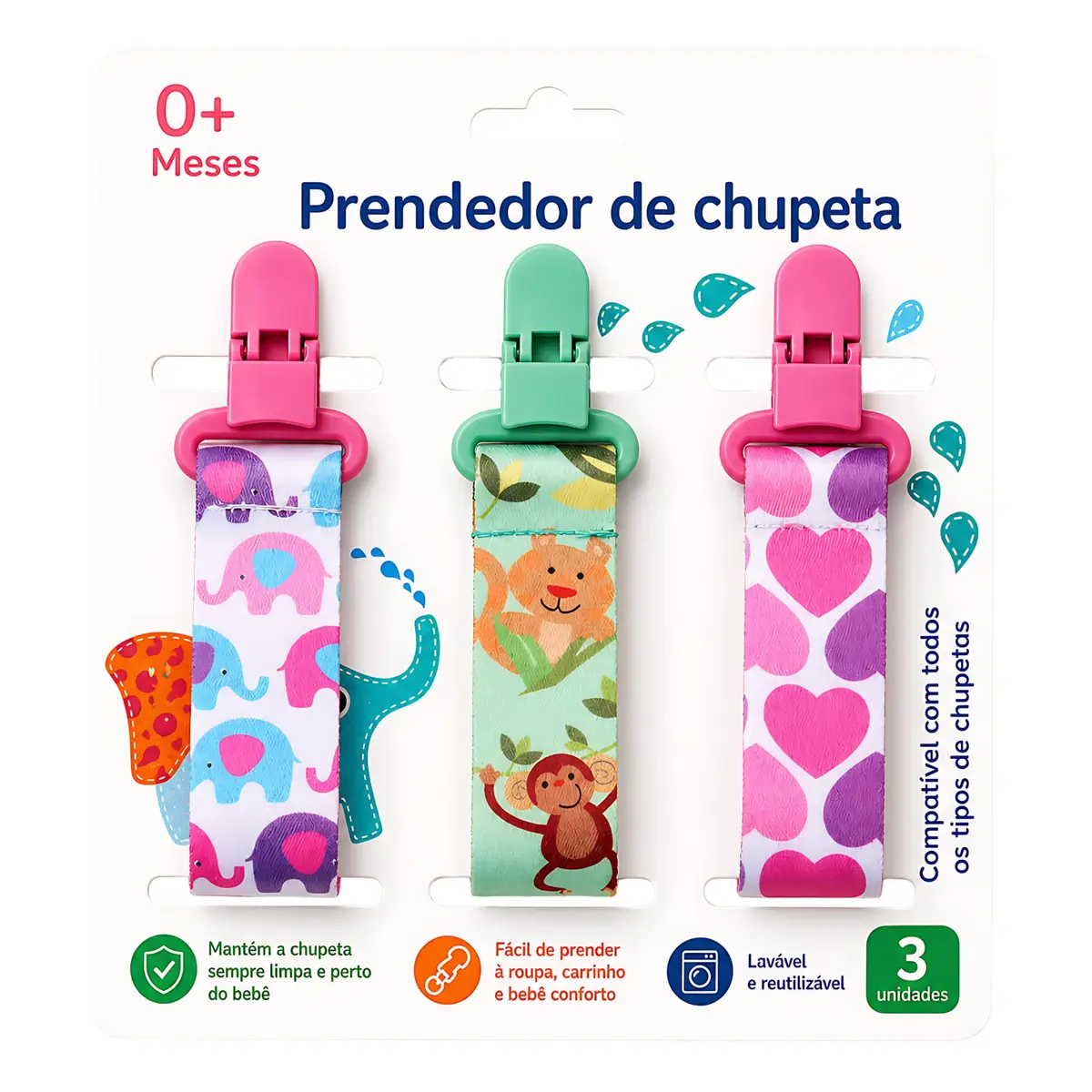 Kit 3 UN. Prendedor de Chupeta Menina - Elefante, Safari e Coração | Estampas Lindas Alto Padrão de Qualidade - CodaTech