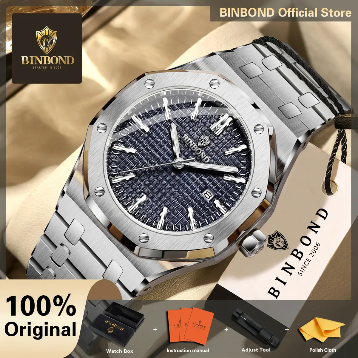 Relógios de pulso de quartzo em aço inoxidável BINBOND para homem, modelo de luxo com ponteiros luminosos e à prova de água, relógio masculino original + caixa de presente.