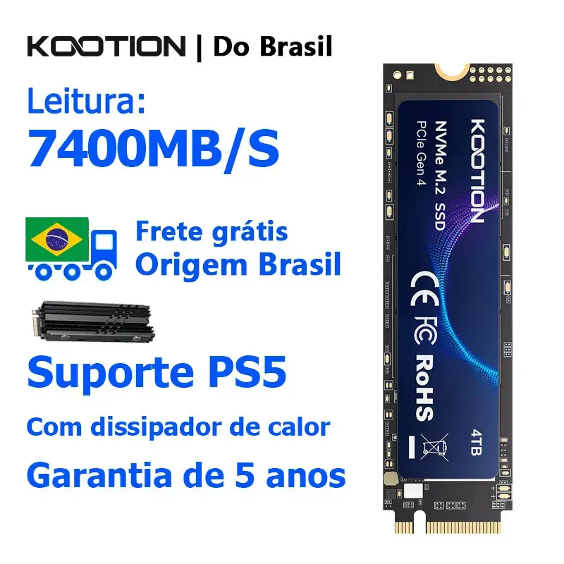 KOOTION NVMe SSD M2 4TB 2TB 7400MB/s SSD PCIe4.0x4 Gen4 M.2 2280 Unidade de Estado Sólido Interna para PS5 Slim Laptop Desktop