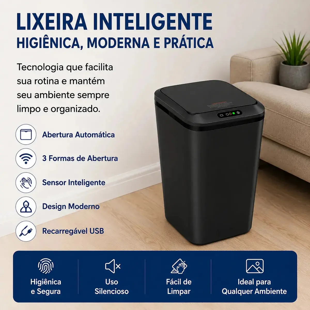 lixeira Inteligente Sem Toque Sensor Automática Recarregável Usb Para Casa Cozinha Banheiro Preto thumbnail 2