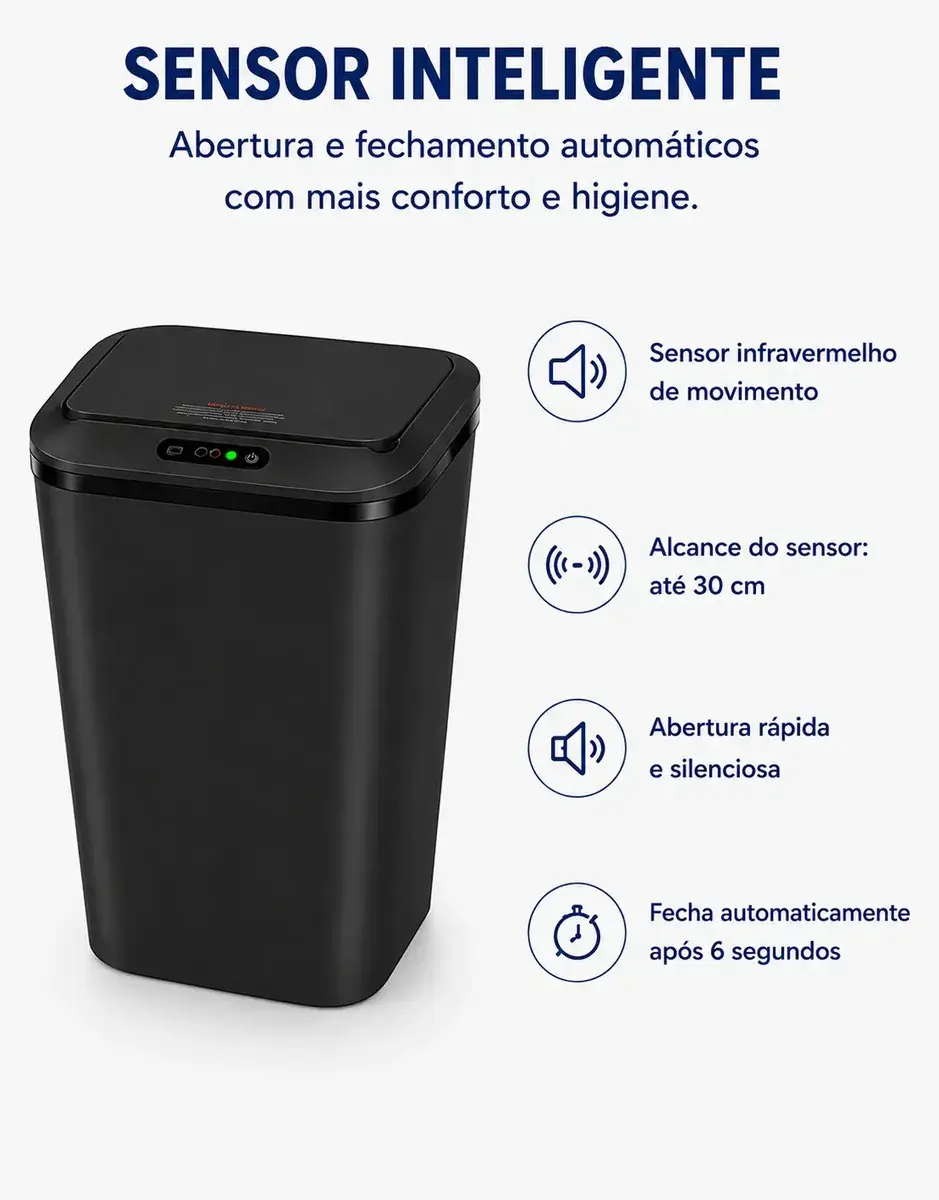 lixeira Inteligente Sem Toque Sensor Automática Recarregável Usb Para Casa Cozinha Banheiro Preto thumbnail 4