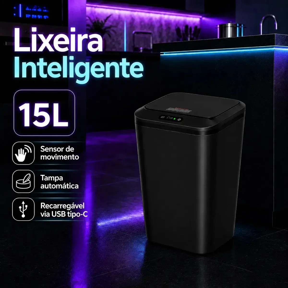 lixeira Inteligente Sem Toque Sensor Automática Recarregável Usb Para Casa Cozinha Banheiro Preto thumbnail 10