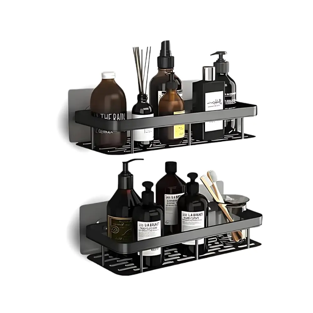 Kit 2 Prateleiras Nicho para Box de Banheiro Suporte Porta Shampoo e Sabonete Organizador com Adesivo Sem Furar a Parede (Preto)