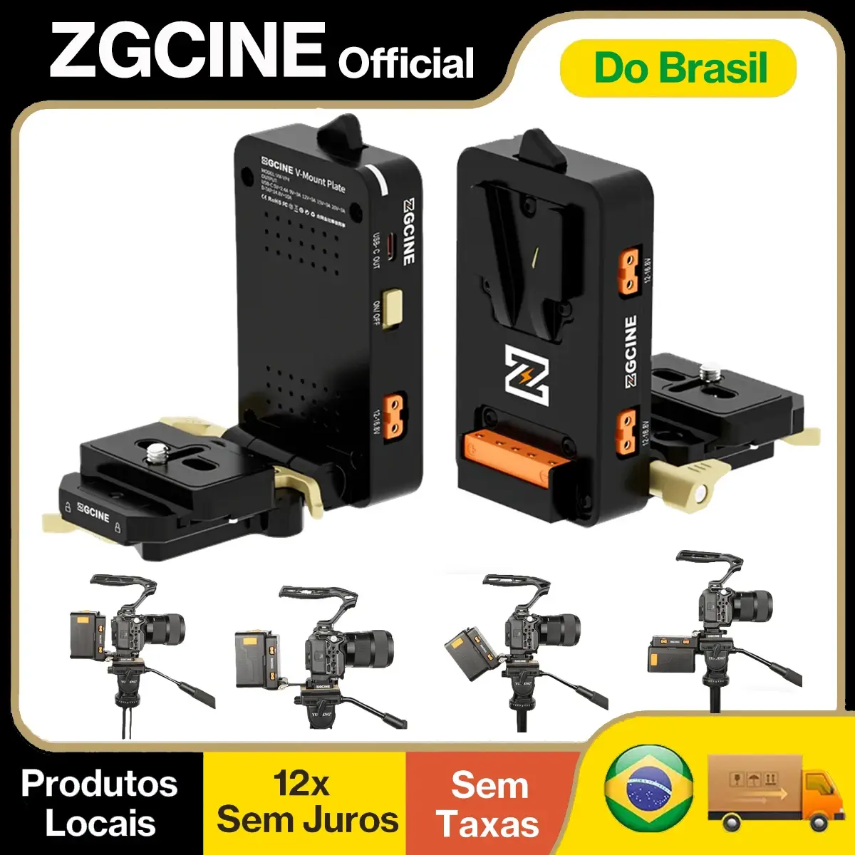 【Do Brasil】ZGCINE VM-VP4 Placa de Bateria V-Mount com Arca-Swiss Quick Release 38mm USB-C PD Saída Tripla D-Tap Rotação de 90° para Rig de Monitor de Câmera e Vídeo