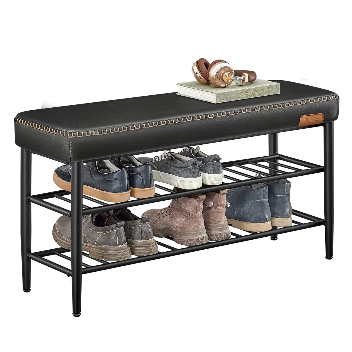 VASAGLE Banco para Armazenamento de Sapatos EKHO Collection, Banco Sapateira para Entrada, Couro Sintético com Costura, Estilo Moderno de Meio Século, Suporta 135 kg, Preto TInta BRLSB113B01