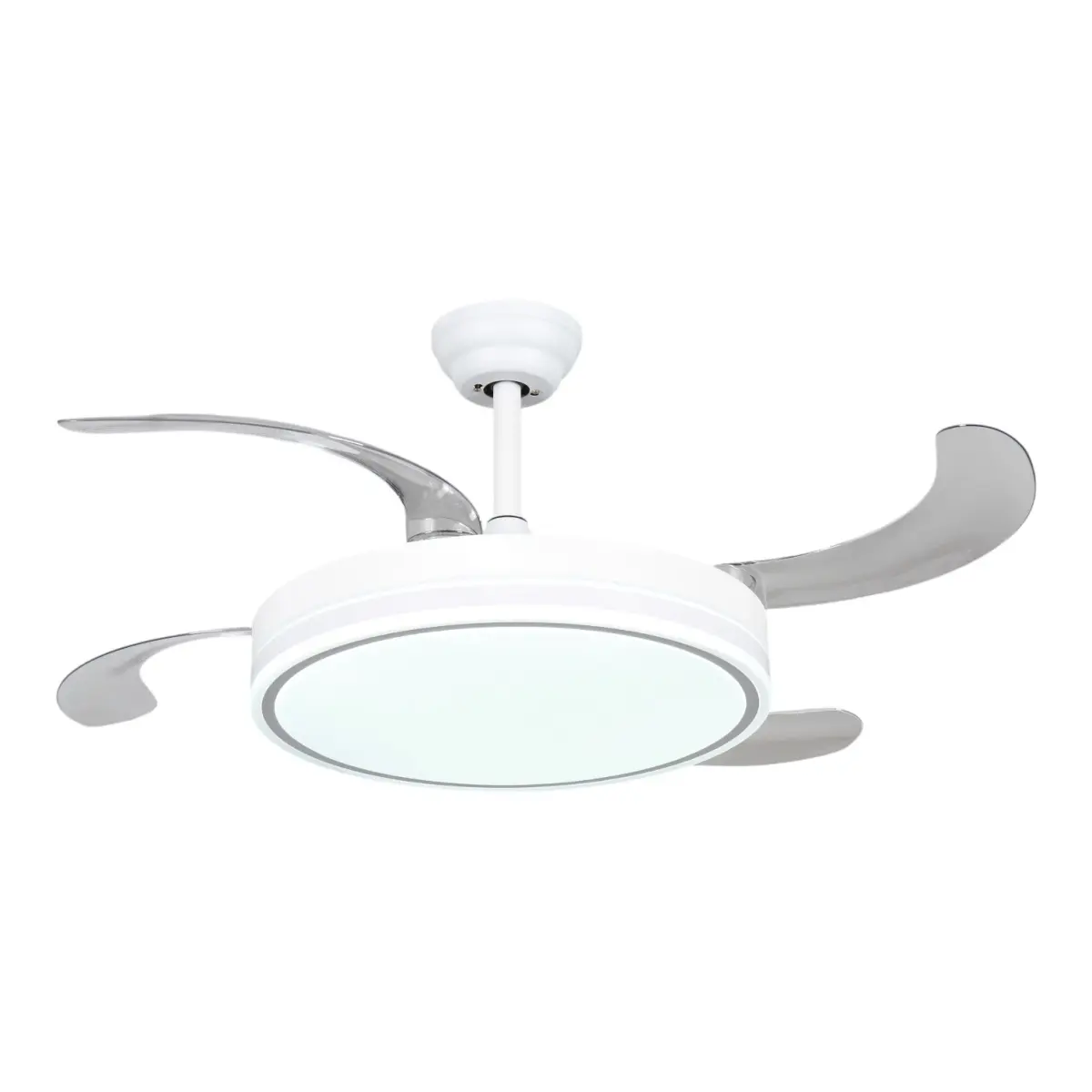 Ventilador de teto 96W: LED 60W E MOTOR 36W Branco a 3 Temperaturas de Luz com Comando - Motor DC Eficiente e Silencioso, pás retráteis implantáveis, 6 velocidades, comando, memória, temporizador.