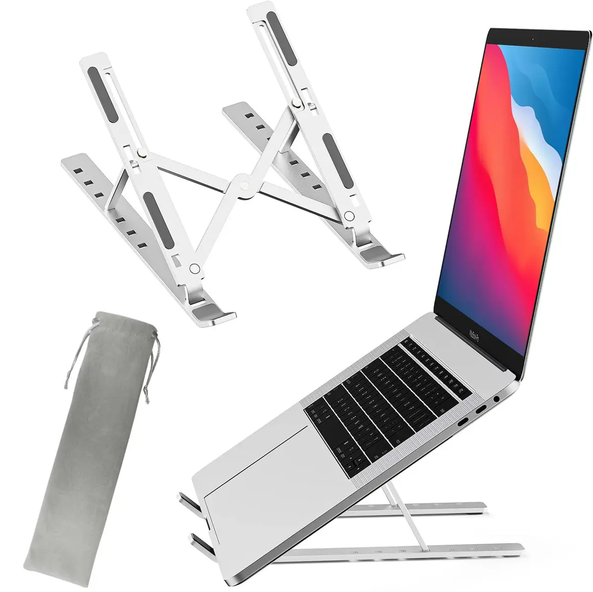 SUPORTE BASE APOIO DE MESA STANDING DESK EM ALUMíNIO CROMADO PARA NOTEBOOK, TABLET, SMARTPHONE E LIVRO. RESISTENTE, LEVE, ESTÁVEL, ERGONÔMICO, DOBRÁVEL E ANGULÁVEL PARA LAPTOPS DE ATÉ 17" (PRATEADO)
