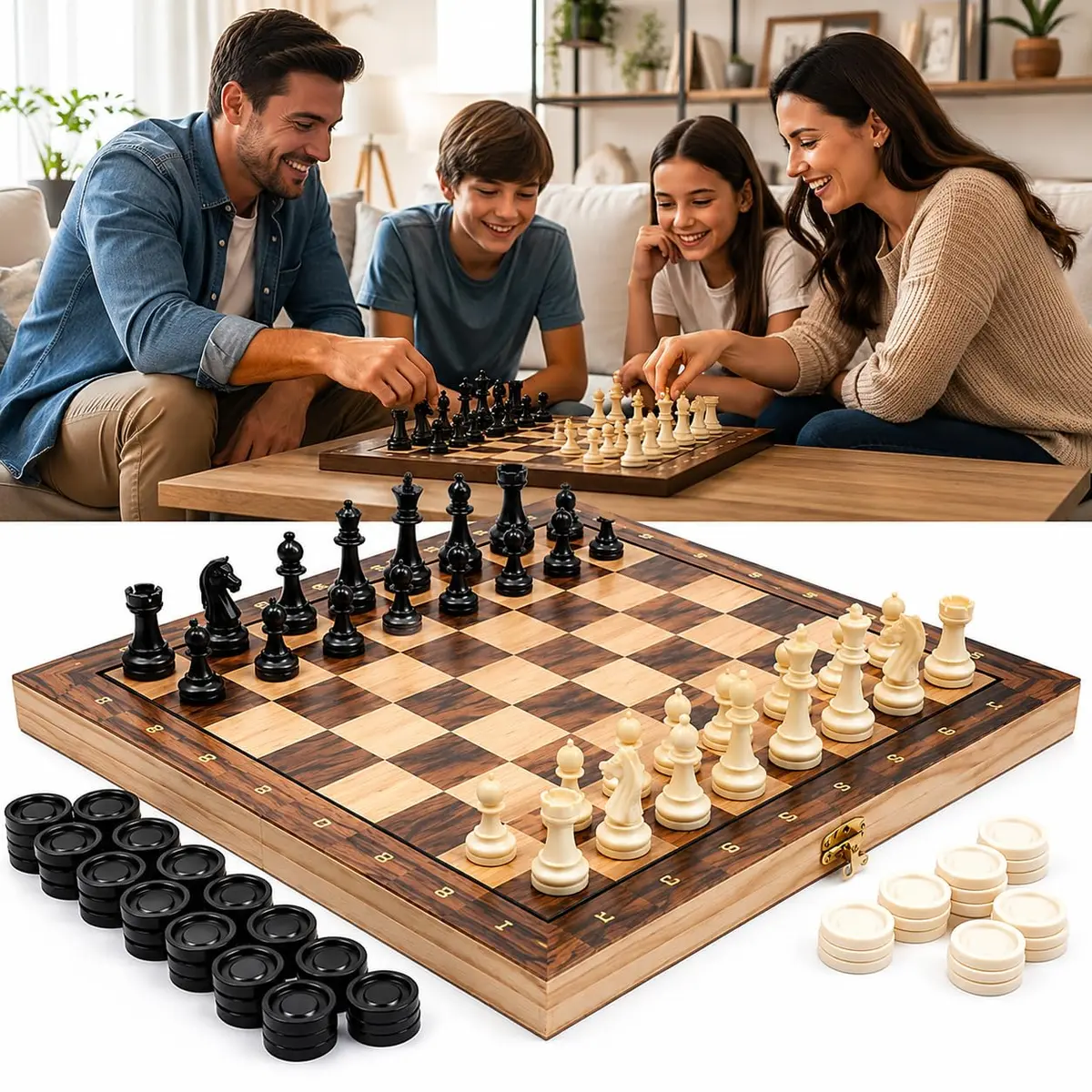 Jogo Xadrez 3 em 1 Magnético com Damas Gamão Tabuleiro Dobrável 39x39 cm | Estilo Estojo Clássico, Profissional Grande Luxo, Peças Resina de Alto Impacto, Recreação Estratégia, Tamanho Extra