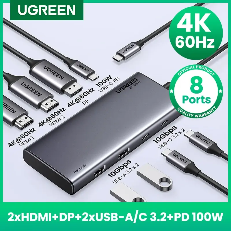 UGREEN-HUB USB C de Exibição Tripla, 10Gbps, 4K, Adaptador HDMI, Divisor 8 em 1 com HDMI DP, USB3.2, Dock PD 100W, MacBook Pro Air, PC - 1