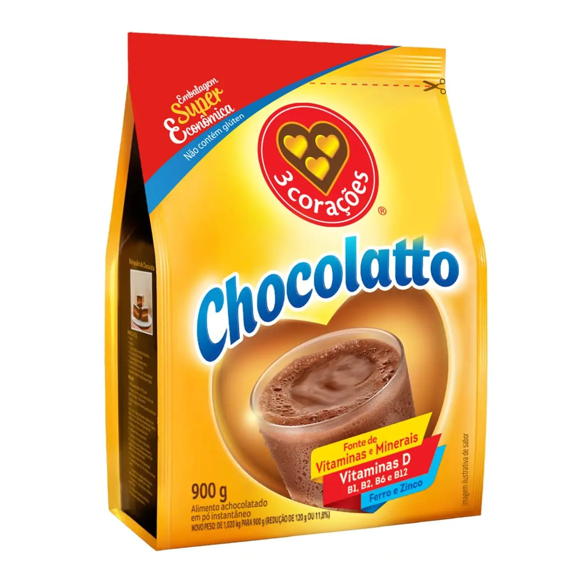 Achocolatado em Pó 3 Corações Chocolatto, 900g | Refil