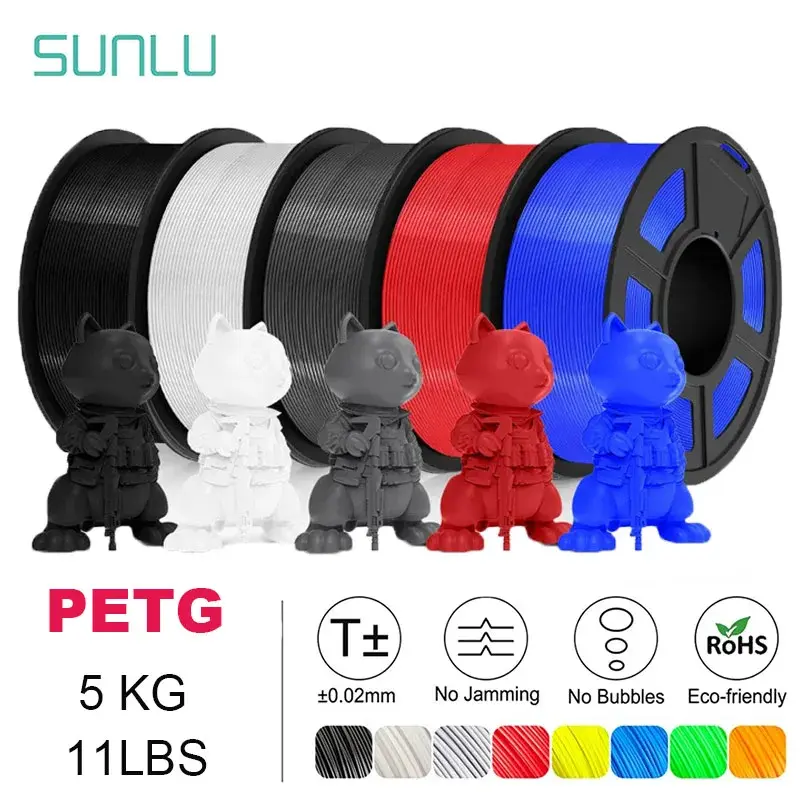 Filamento PETG transparente SUNLU, 5 rolos, 1,75 ±0,02 mm, bobina de 1 kg (2,2 lbs), alta resistência, enrolado de forma organizada, compatível com a maioria das impressoras FDM.
