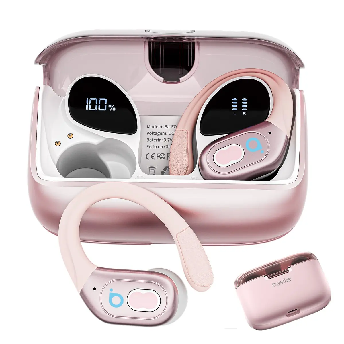 Basike Fone de Ouvido Sem Fio Esportivo BLuetooth 5.3 TWS, Tela LED Dupla | 3 Tamanhos Tampões Ouvido Intercambiáveis, Suporta chamadas de voz, adequadas para Android e IOS, Ouvido Aberto (Ouro Posa) - 1