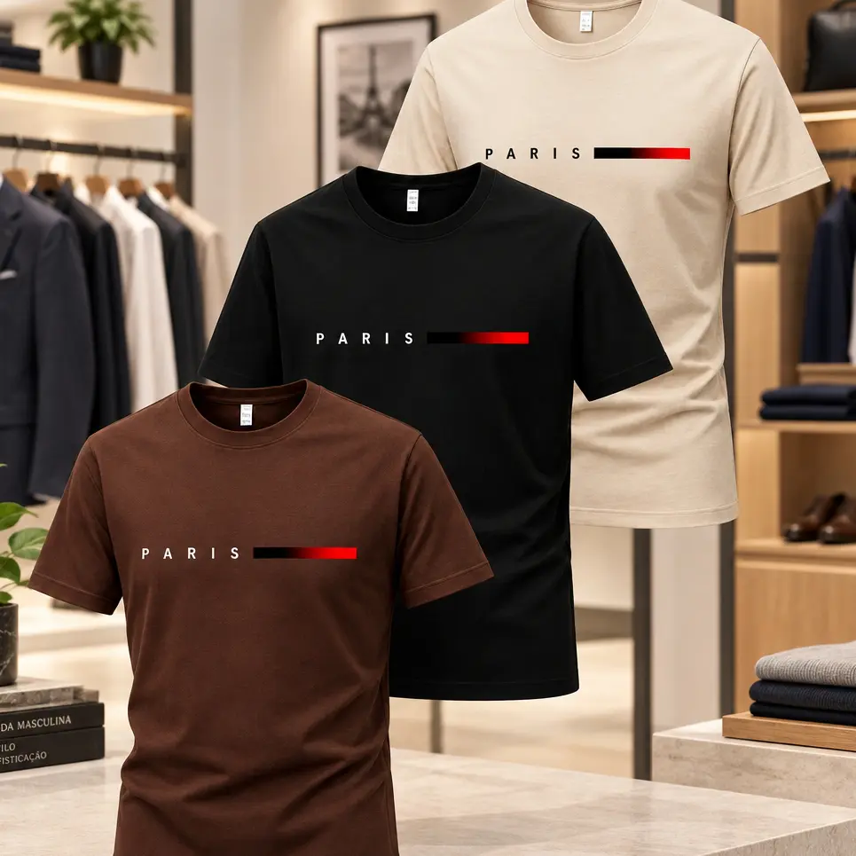 Kit 3 Camisetas Masculinas Paris Estampada 100% Algodão Streetwear Casual - 1