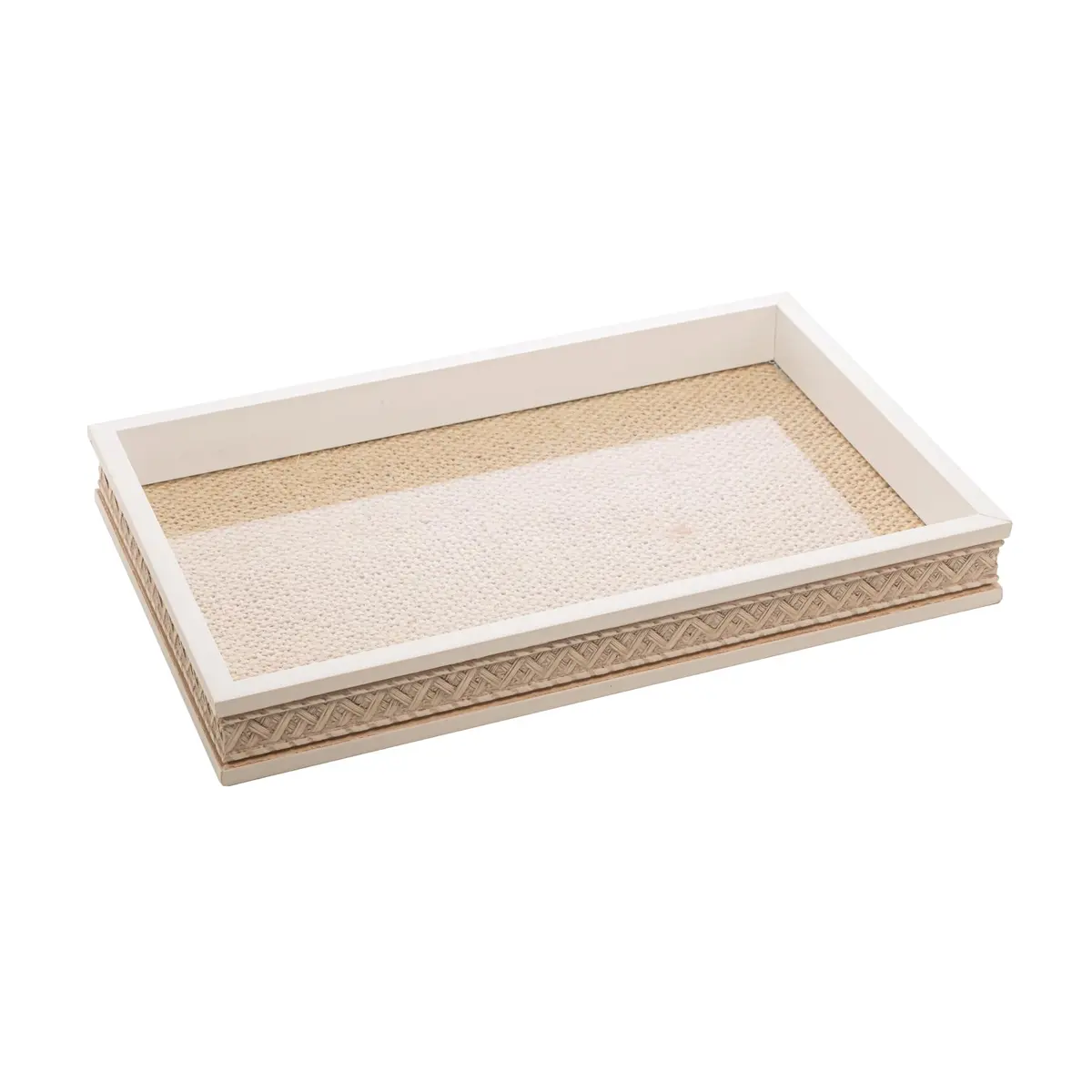 WOLFF - Bandeja de Madeira com Sisal Trançado Branca 37,5cm x 23,5cm x 4cm