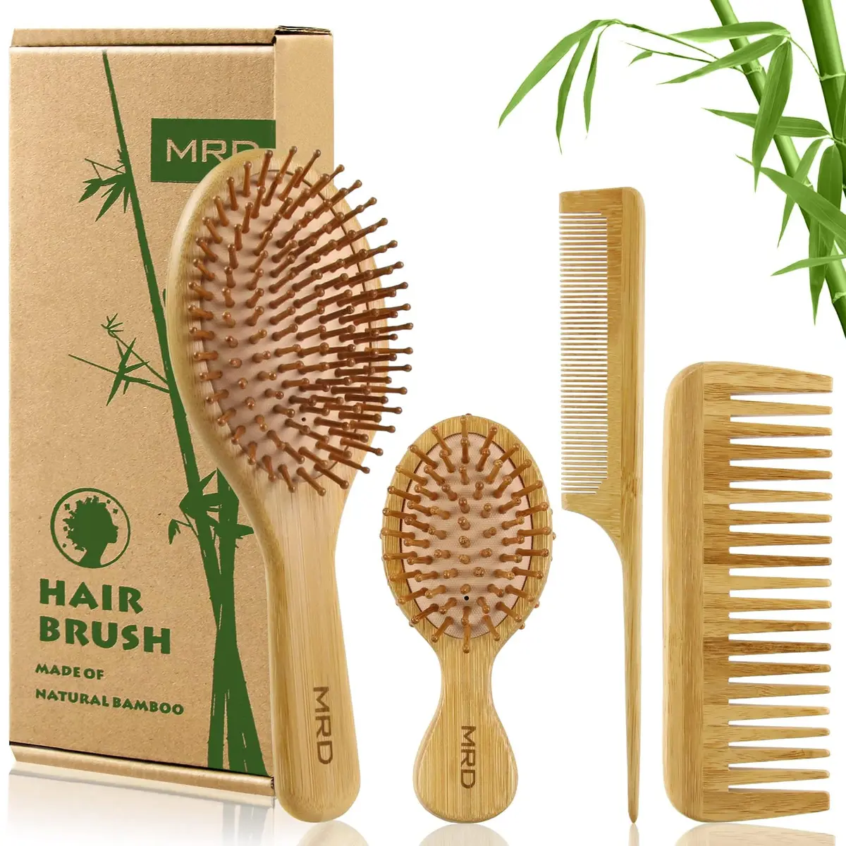 MRD Conjunto de escovas de cabelo, pente de bambu natural, escova de cabelo desembaraçante, pente de dentes largos e cauda sem cerdas, adequado para mulheres, homens e crianças, kit de presente para - 1