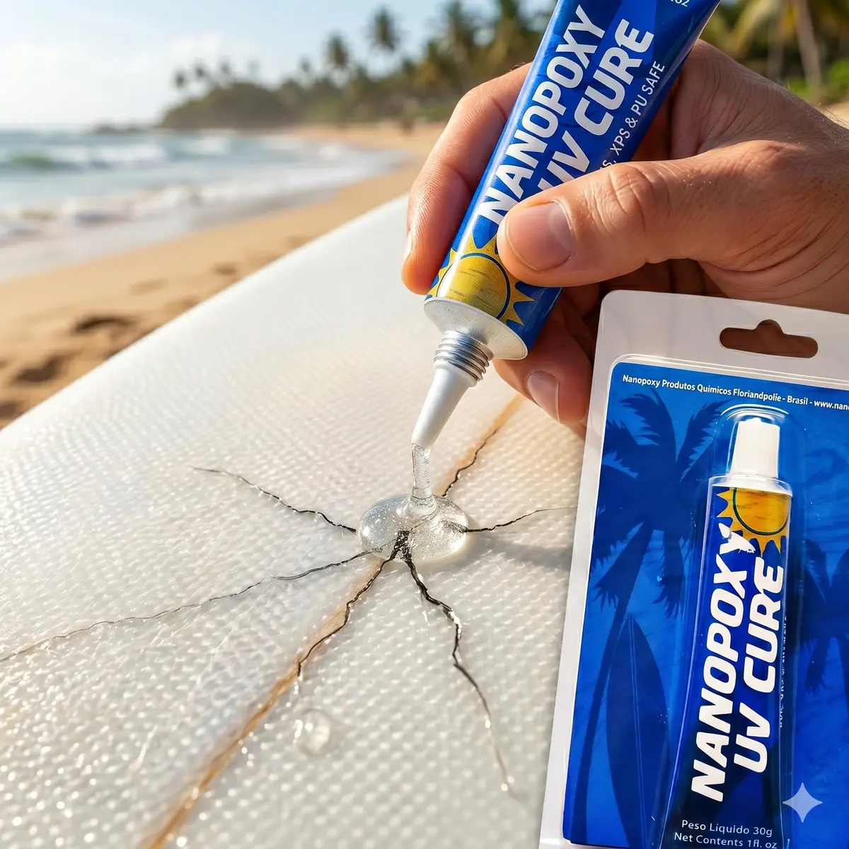 Kit Reparo Nanopoxy para Prancha de Surf e Vara de Pesca Resina Pronta Uso Fácil Aplicação Rápida Conserto de Pranchinha Trincos Rachaduras Manutenção Portátil Compacto Funcional Prático Durável
