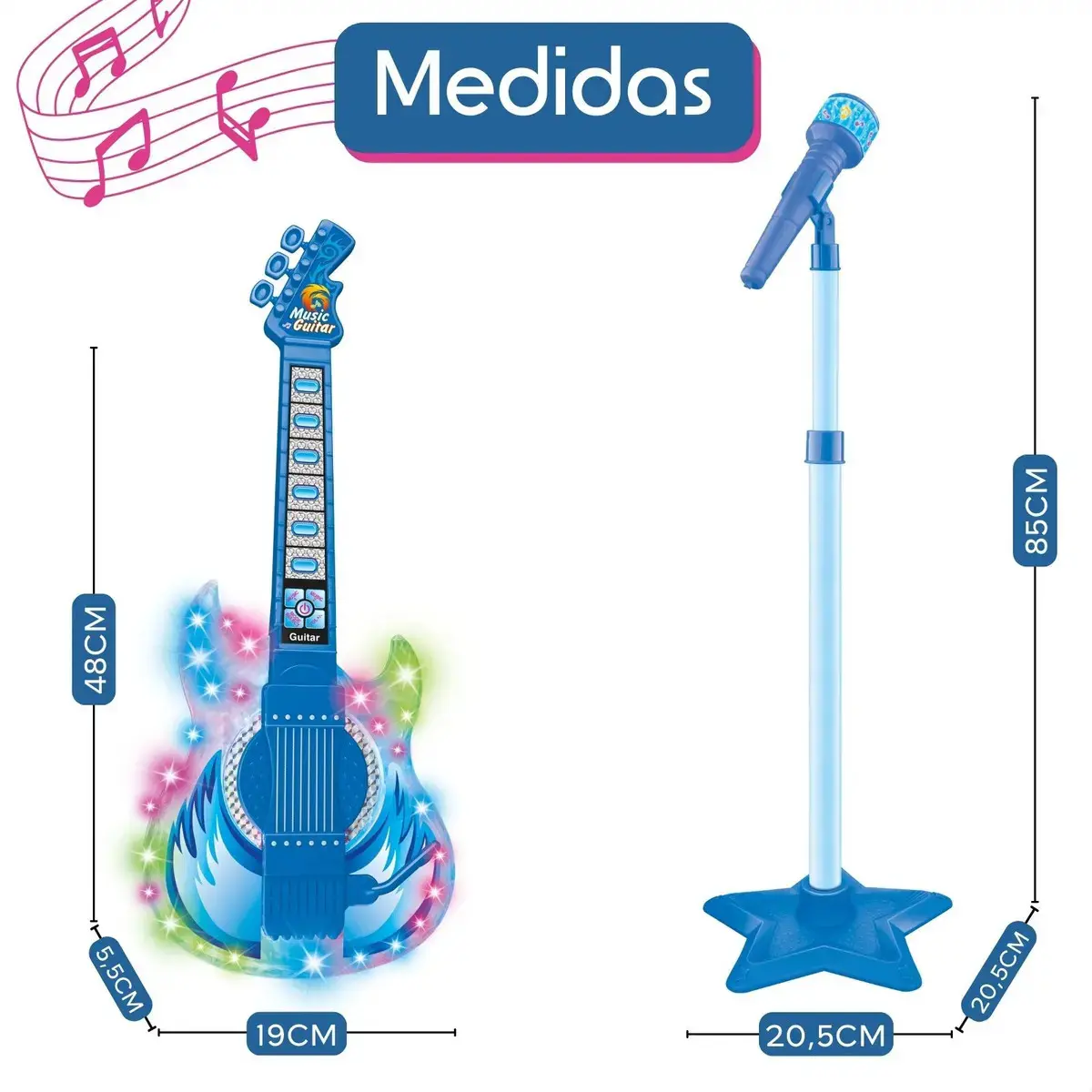Guitarra E Microfone Infantil Instrumento Brinquedo Musical Cor Azul thumbnail 2