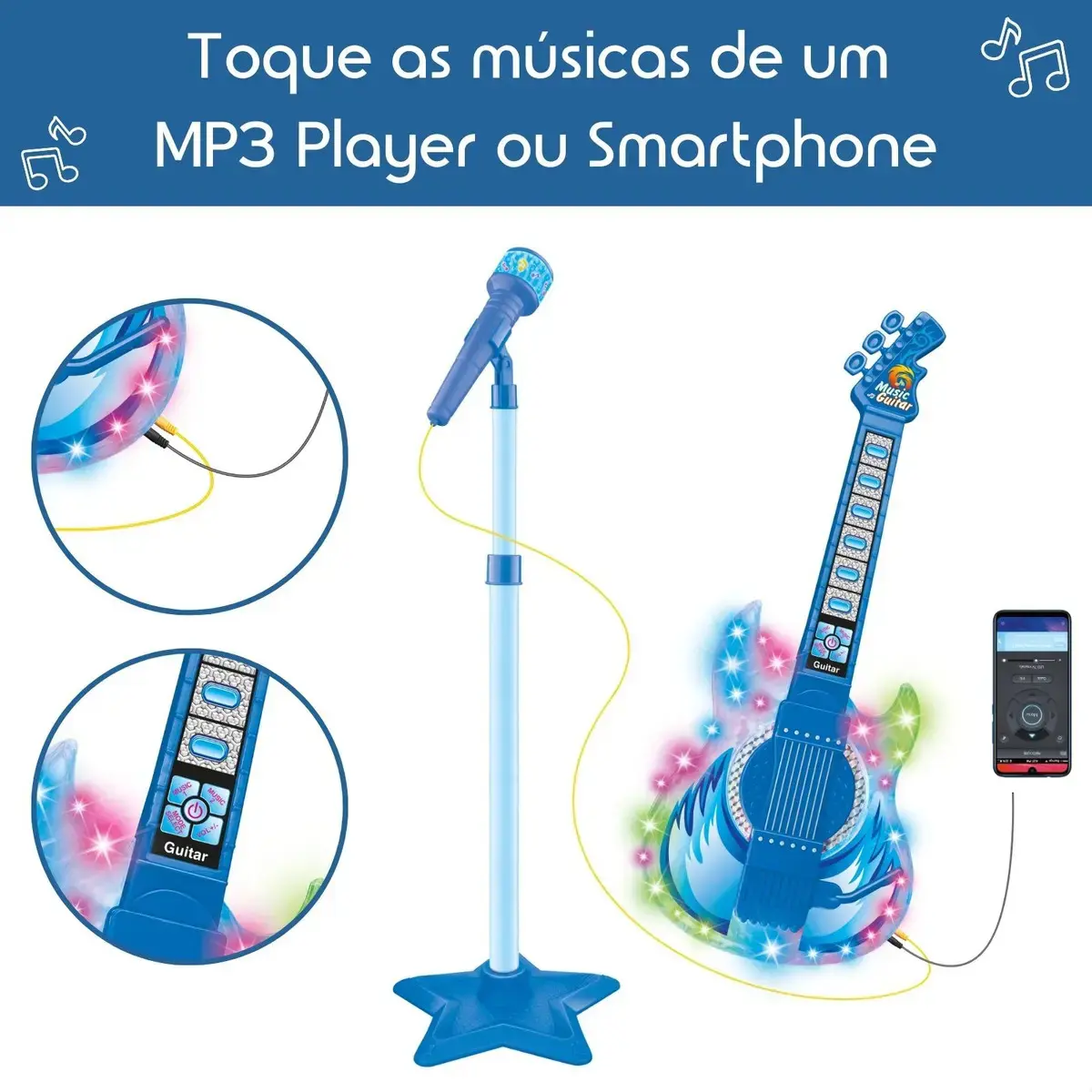 Guitarra E Microfone Infantil Instrumento Brinquedo Musical Cor Azul thumbnail 5