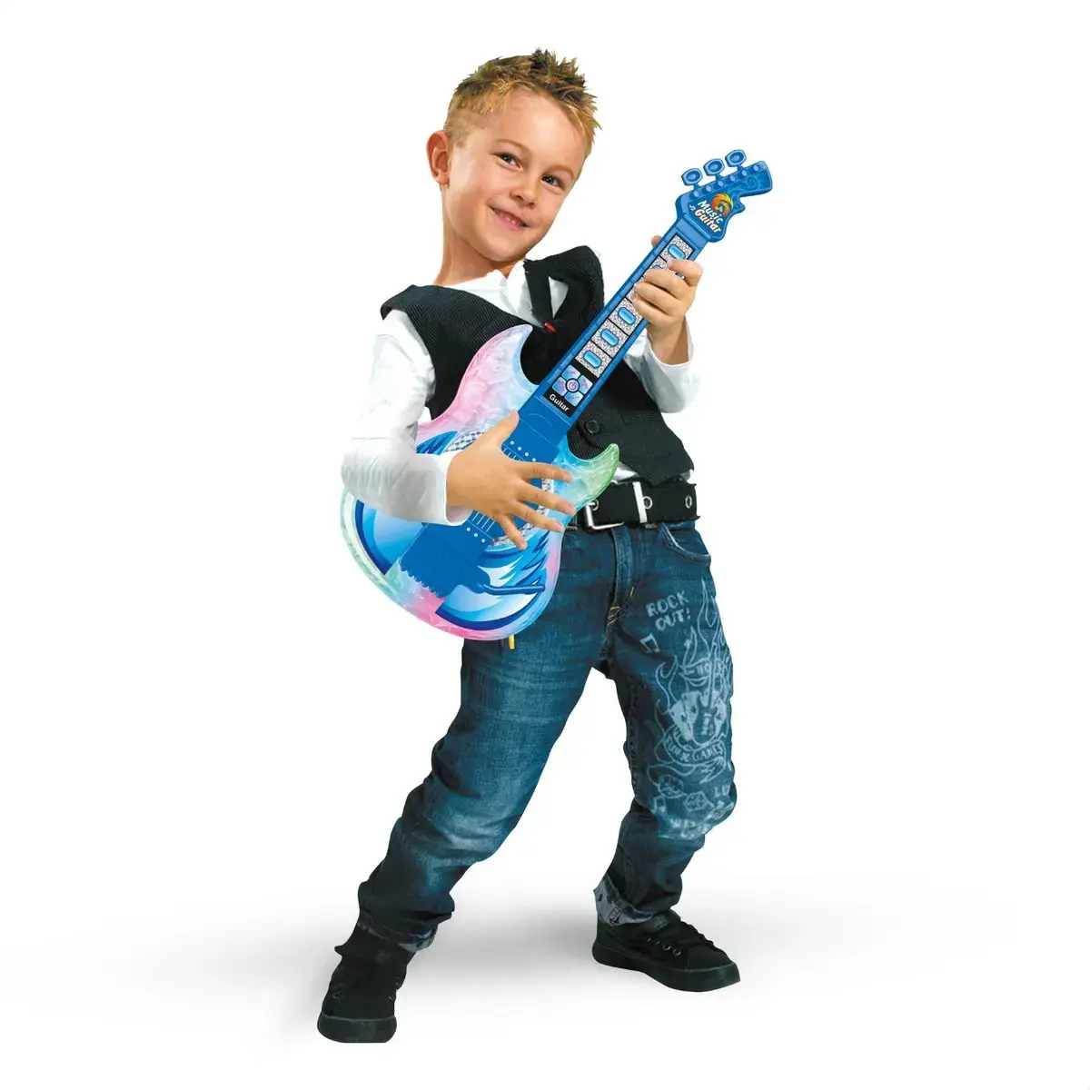 Guitarra E Microfone Infantil Instrumento Brinquedo Musical Cor Azul thumbnail 7