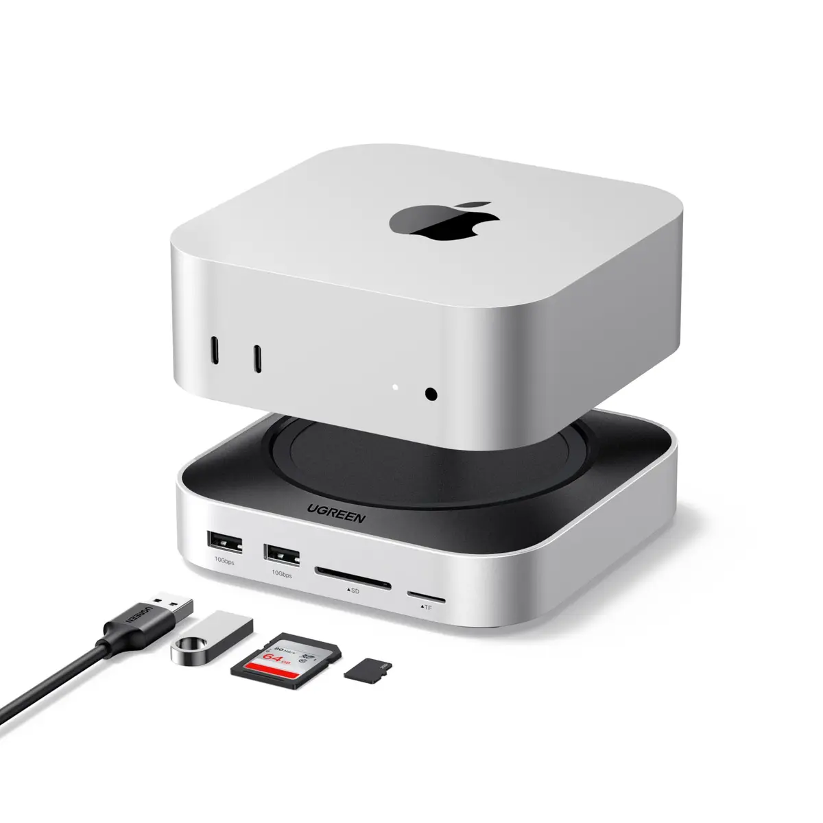 UGREEN Base e Suporte para Mac mini M4 com Caixa SSD NVMe | 3 USB-A 3.2, 2 USB-A 3.0, 2 USB-C 3.2 de 10Gbps, Leitor de Cartões SD/TF 170MB/s, Hub USB C Compatível com Mac Mini M4/Pro - 1