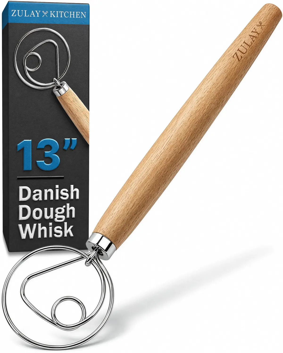 Zulay Kitchen Batedor de massa dinamarquesa de 33 cm - batedor de madeira de aço inoxidável com gancho de massa - batedor de fermento para pão, pizza, pastelaria, massa de bolo e mais - madeira
